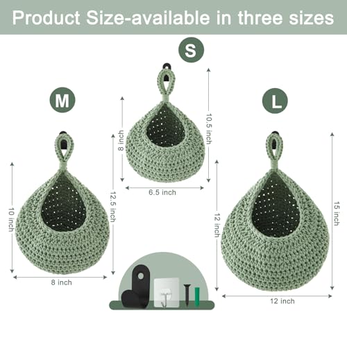 Image of Honeydak 3 Hanging Baskets, Sage Green, Teardrop, Cotton Rope