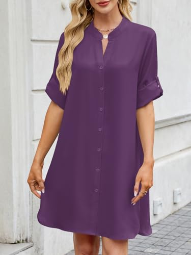 Image of PerZeal Womens Sexy V Neck Button Down Shirt Dresses Summer Short Sleeve Casual Loose Blouses & Button-Down Shifts Cover Ups