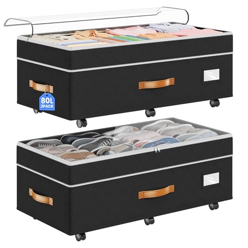 Budding Joy Under Bed Storage with Wheels 2Pack, 80L Height Adjustable Underbed Containers with...