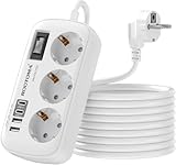 Regleta Alargador de 3 Metros con Interruptor, Protección Sobretensión 4000W 16A, Enchufe Múltiple de Carga 4 USB (2 USB-C) y 3 Tomas, Ideal para Mesa, Oficina, Casa
