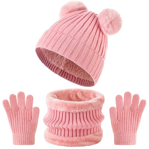 Tavaleu Kids Winter Beanie Hat Scarf Gloves Set Knit Warm Toddler Winter Cap Gloves Neck Warmer for Boys Girls Pink - Double Pompom