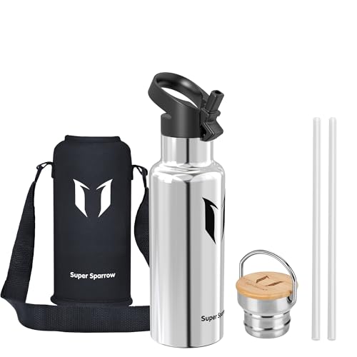 Láhev na pití Super Sparrow nerez - 500 ml - nepropustná termoska, láhev na vodu bez BPA - termoska s oxidem uhličitým pro děti, perlivá voda, sport, univerzita, škola, fitness, outdoor, kemping