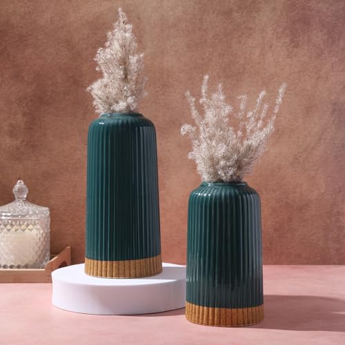 Image of Ribbed Design Ceramic Flower Vase for Living Room, Flower Pots for Artificial Flower, Home Decoration Item, Home Decor, Vases for Home, Office, or Gifts VASE ONLY NO Flowers - (Green, 6 & 8 Inch)