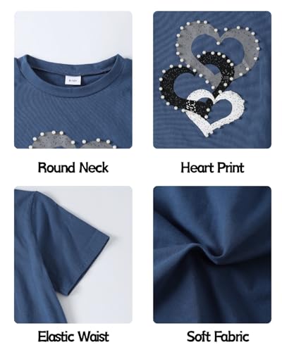 Image of 9-16Y Tween Girl Clothes 2 Piece Short Sleeve Heart Print Top and Shorts Teen Girl Summer Outfits Short Set