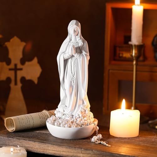 Image of Wonderjune Our Lady of Lourdes Statue Figurine 8'' Bright Ivory Virgin Mary Statue Blessed Catholic Mother Mary Garden Figure Resin Stone Tabletop Rosary Holder Home Office Religious Gifts(Classic)