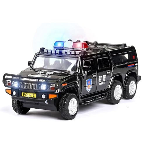 Image of 1:32 Scale 6 Wheel Hummer Police Toy Car | Metal Pullback Diecast Car for Kids with Openable Doors, Sound, Light Effects Toy for Car Enthusiasts (Color As Per Available), Black