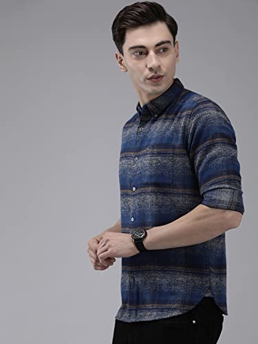 Image of THE BEAR HOUSE Men's Cotton Grey & Blue Checks Slim Fit Shirt | L |TBH-BRIT-GY-L |