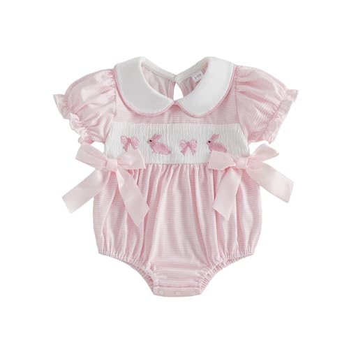 ZIXILOVGIR Baby Girl Easter Outfit Bunny Embroidery Onesie Infant Short Sleeve Bubble Romper Cute Easter Clothes (Bunny Smocked Pink 3-6 Months)