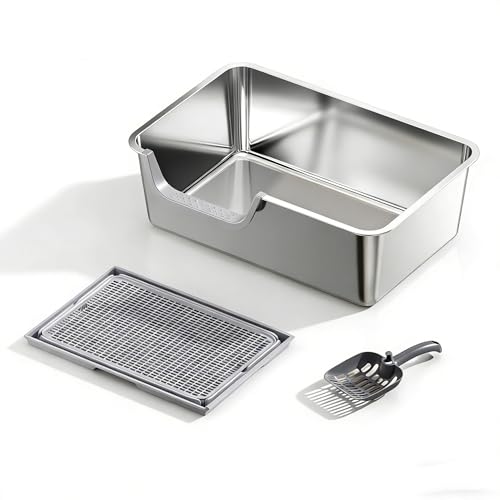 Stainless Steel Cat Litter Box with High Sides Extra Large Jumbo Cat Litter Box XL Kitty Metal Liter Box for Indoor Big Cat Non-Sticky Anti-Leakage (50x35x15cm)