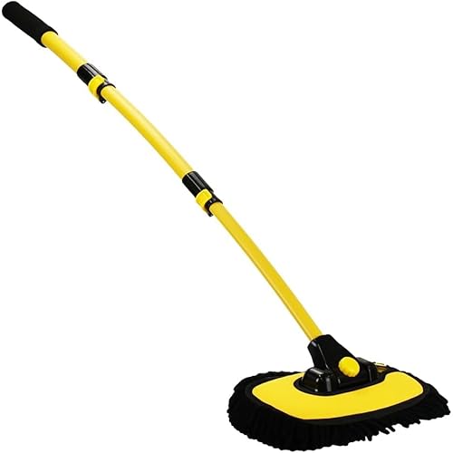 Car Wash Brush with Long Handle, Microfiber Car Wash Mop with Replaceable Head, Soft Cleaning Brush with 15° Curved Extension Pole Car Yellow
