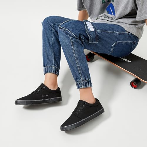 Image of BENPAO Mens White Casual Shoes All Black Fashion Sneakers for Men Low Top Lace Up Canvas Shoes