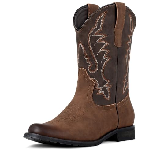 J's.o.l.e Western Cowboy Boots for Men Round Toe Wide Mid Calf Classic Retro Embroidered 2-Tone Brown Boot