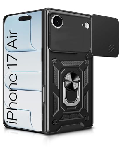 Image of WOW IMAGINE Tough Armor Bumper Mobile Back Case for iPhone 17 Air | Sliding Camera Shield Cover | Shock Proof 360 Protection | Hybrid PC + TPU | Ring Holder with Kickstand - Black