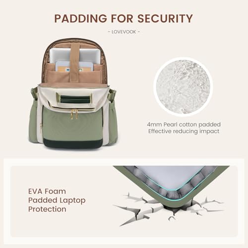 Image of LOVEVOOK Laptop Backpack for Women with Pouch Pocket for Large Capacity Cup,15.6 Inch Teacher Nurse College Work Backpack Purse,Waterproof Laptop Bag Computer Back Pack for Travel, Beige-Green-Black
