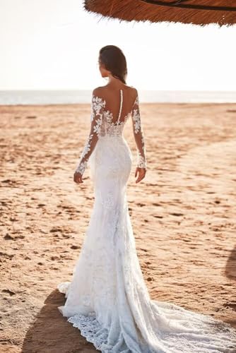 Deep V Neck Wedding Dresses for Women Long Mermaid Long Sleeve Lace Wedding Gownswith Train Appliques DR0001-054