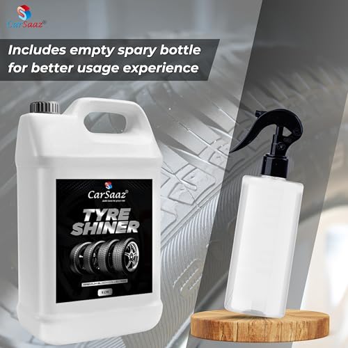 Image of CAR SAAZ Tyre Shiner 5L with 2 Applicator Pads, Empty Spray Bottle & Microfiber Cloth | Car & Bike Tyre Polish | Prevents Fading & Cracking | Shine & Protects | Non-Greasy, Long Lasting, Deep Gloss