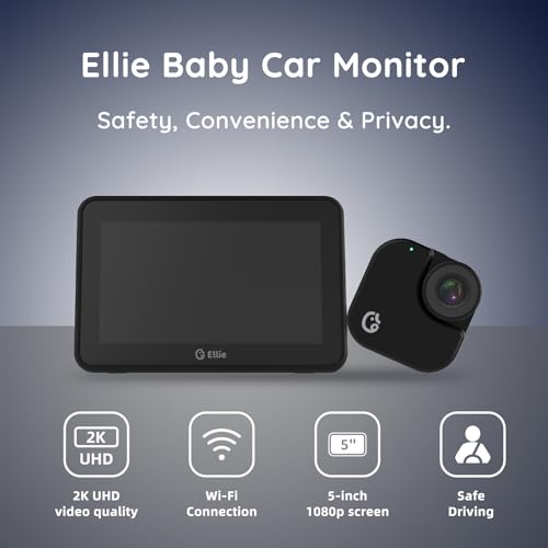 Ellie Baby Car Monitor, 2K UHD Backseat Camera with AI Face Tracking, Dual Screen Display for 2 Kids, Smart Video Capture & App Control, Offline Privacy Protection (Black)