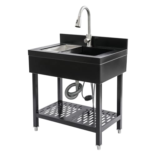 HUOMMGS Fregadero de acero inoxidable independiente, fregadero comercial, fregadero de cocina para exteriores, con estante y grifo, 75 × 50 × 90 cm, fregadero grande para patios traseros, garajes