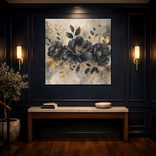 Impression sur toile fleurs sombres or et noir avec chassis epais de 3cm
