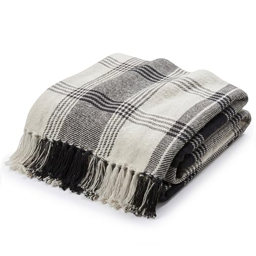 Americanflat 50x60 Throw Blanket - Soft and Breathable Cotton Throw Blanket for Couch, Bed, Chair - Decorative Blankets Perfect for Home, Office, or Outdoor Use - Black and Beige Plaid Design
