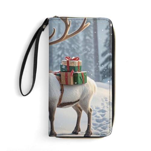 Cute Xmas Reindeer Wallets for Women Long Wristlet Leather Wallets with Zipper Holder Large Capacity Coin Pocket