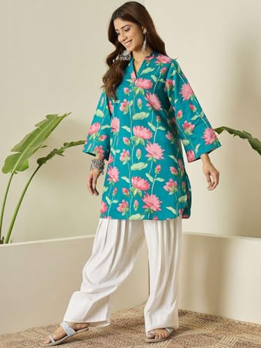 Image of Shiva Shakti Enterprisess Women's Cotton floral printed straight comfort fit kurti with Farshi Salwar perfect for everyday (Blue With Pink-M)