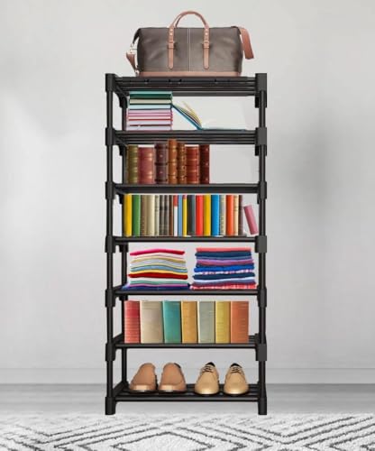Image of SUBEKYU Plastic Book Shelf for Home, Portable Books Rack Storage Organizer for Bedroom & Study Room, Keep Cloth Holder Space Saver, 7 Tier Shelf, 1 Pack