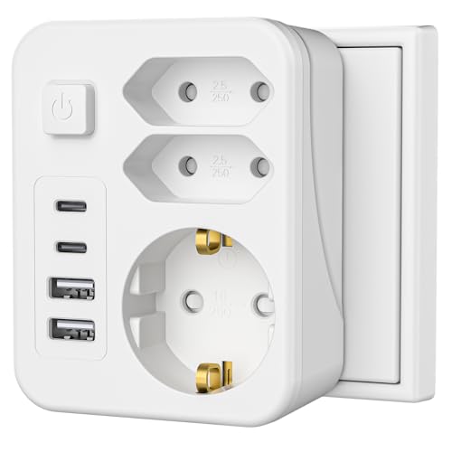 Glovios Regletas Enchufes 7-en-1, Enchufes Múltiplescon Adaptador USB, Enchufe de Pared con Interruptor, Ladron Enchufes para Hogar/Oficina/Viaje
