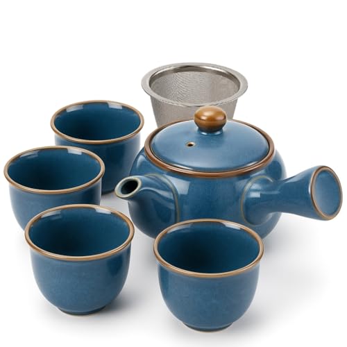 Juego de té japonés Kyusu en cerámica azul – tetera 320 ml asa lateral con colador de acero inoxidable + 4 tazas 110 ml – ideal para té verde Sencha y Gyokuro (Umi)