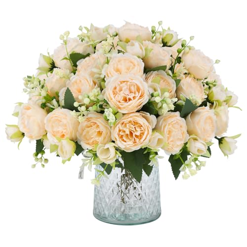 JUSTOYOU 4 racimos de peonías artificiales con 20 cabezas, peonías falsas, ramos de flores de seda para boda, hogar, mesa, fiesta, decoración de ventanas (champán)