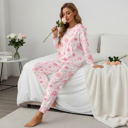 Image of Womens Pajama Sets 2 Piece Pjs Lounge Sets Long Sleeve Sleepwear Crew Neck Pullover Top with Long Pants