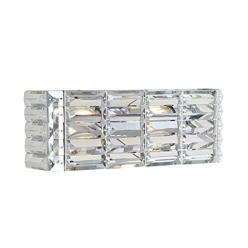 Image of JONATHAN Y 17.5 inch Chrome Modern Crystal Vanity Light, LED Bathroom Wall Sconce, 2-Light Fixture for Mirror, Glam Lighting with Clear Crystal Shade, Art Deco Makeup Wall Lamp (JYL7539A)