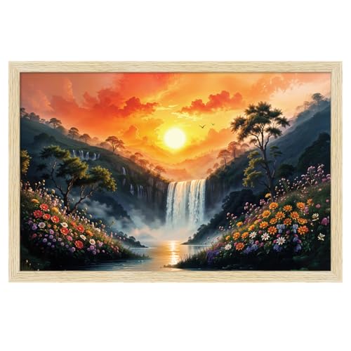 Image of ArtX Canvas Rising Sun Painting For Vastu, Big Size Wall Art, Water Stream, Waterfall Painting Vastu, Rising Sun Wall Decor, Multicolor, Nature, 91.0 X 61.0 cm, Set of 1