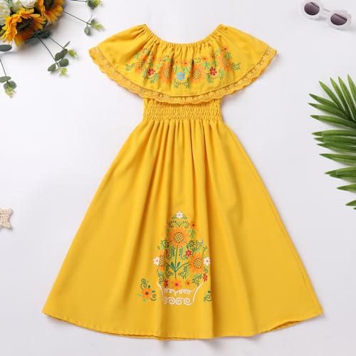 Kids Girls Mexican Dress Off-Shoulder Sunflower Print Drape Traditional Ethnic Wear Birthday Dresses3