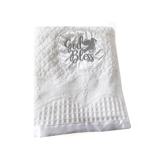 Baptism Blanket Christening Gifts for Boys Girls White Knit Crochet Soft Embroidered Neutral Baby Blanket with Satin Trim