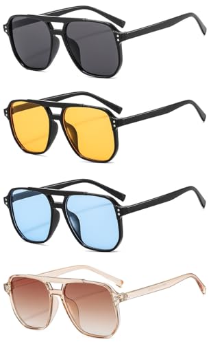 4 Pieces Retro Square Aviator Sunglasses for Women Men Trendy Classic 70s Oversized Aviator Sun Glasses Vintage Shades