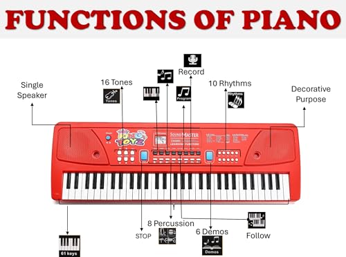 Image of Piano Keyboard with Mic | 61 Keys, 10 Rhythms, 16 Tones, 6 Demo Songs & 8 Percussions | Electronic Musical Toy for Boys & Girls Age 4+ | Educational & Recording Keyboard for Beginners Red
