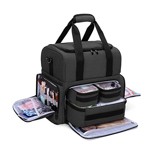 BAFASO 2 Layers Large Travel Makeup Bag with 3 Inner Removable Pouches, Hair Bag Cosmetic Bag Tattoo Carrying Case with Detachable Dividers (Patented), Black