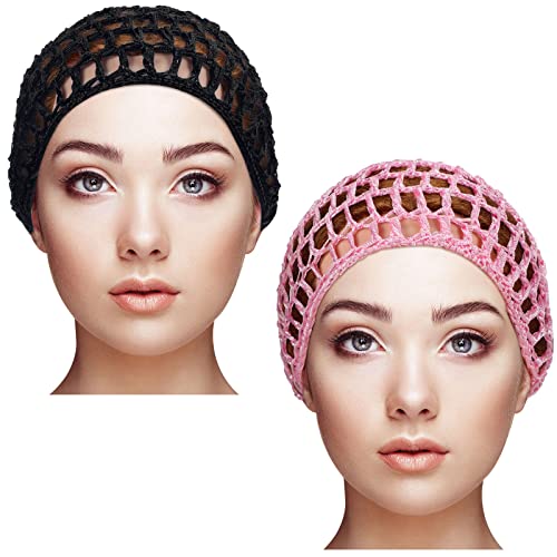 Geyoga 2 Pieces Mesh Crochet Hair Net Rayon Knit Snood Cap Cover Crocheted Shower Caps Sleep Hat for Women(Black Pink)