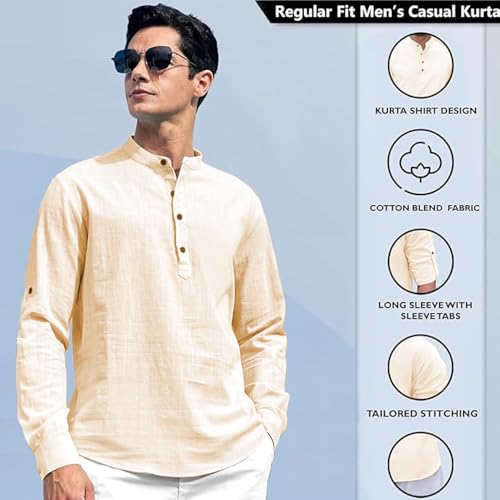 Image of Beige Color Cotton Blend Mandarin Neck Short Kurta Straight Kurta for Men (S)