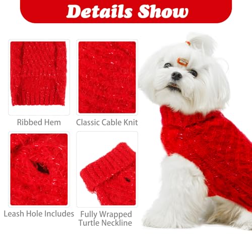 Image of Turtleneck Small Dog Sweaters - Classic Cable Knitwear Winter Coat for Small Medium Dogs Male Female Puppy Dog Cold Weather Clothes Girls Boys, Red, M