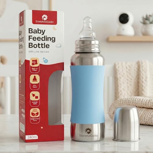 Image of StarAndDaisy Baby Milk Bottle for new Born /Infant /Toddler 240 ML SUS 304 Steel Baby Feeding Bottle for 0+ Months, BPA Free Leakproof, Anti Colic, Easy to Clean (Blue-240 ML)