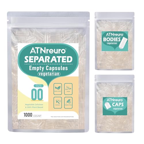 ATNreuro Capsule Vegetali Vuote Taglia 00 Separate (1000 pezzi), Trasparenti, Vegetariano, Compatibile con il Riempimento di Capsule Taglia 00