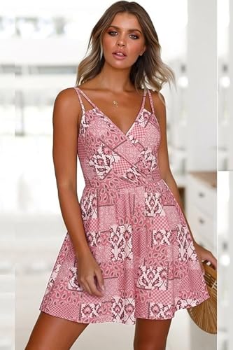 Image of ECOWISH Summer Dresses for Women 2026 V-Neck Spaghetti Strap Bowknot Backless Sleeveless Lace Mini Swing Skater Dress