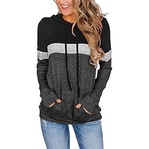 Womens Striped Hoodies Color Block Long Sleeve Tunic Sweatshirt Drawstring Jumper Tops with Pockets BlackGray XL Cover