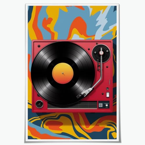 Retro Music Record Wall Art Red Vinyl Record Player Canvas Wall Art Vintage Simple Tape Recorder Poster Framed Ready to Hang Modern Music Radio Picture for Living Room Bedroom 24x36inch Unframed