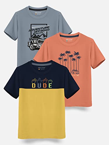Image of HELLCAT Boys Round Neck Printed Blended Cotton Tshirt -Combo Pack of 2 - Orange /Blue