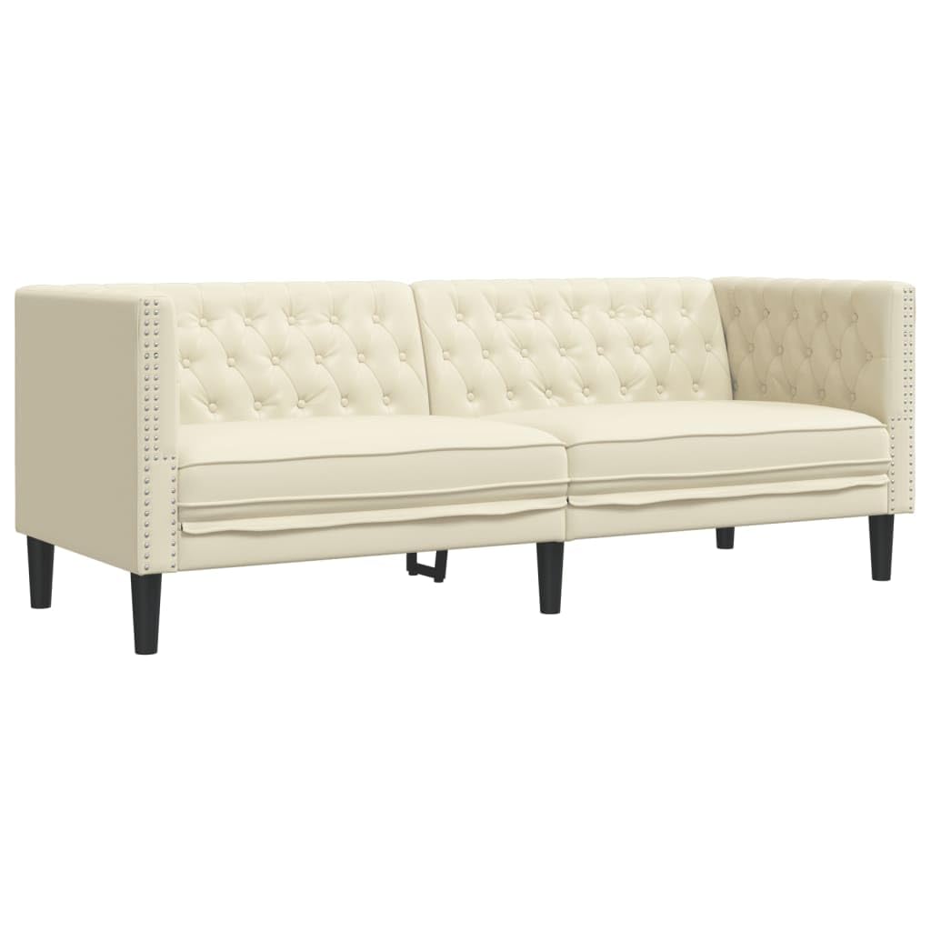 Set di 2 divani Chesterfield, in similpelle color crema, larghezza 174/194 cm, robusto divano imbottito per soggiorno, elegante divano con bottoni