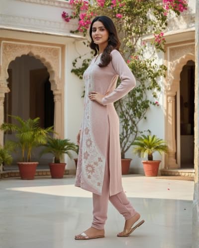 Image of KTI Full Sleeve Knee Length Floral Design Woolen Fabric 3 PC Kurti Set for Women Art NO-94164