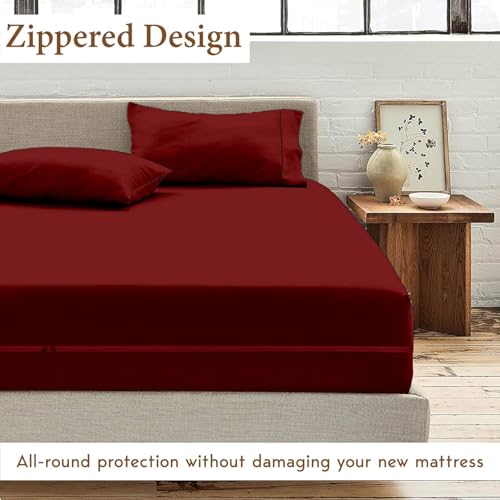 Image of Zippered Chain 75 inchx36 inchx8 inch Terry Cotton Waterproof Mattress Protector | Dust Mite Proof, Bed Bug Protection Mattress Cover for Single Bed Size with 8 inch Drop Thick (75x36x8 inch,Maroon)